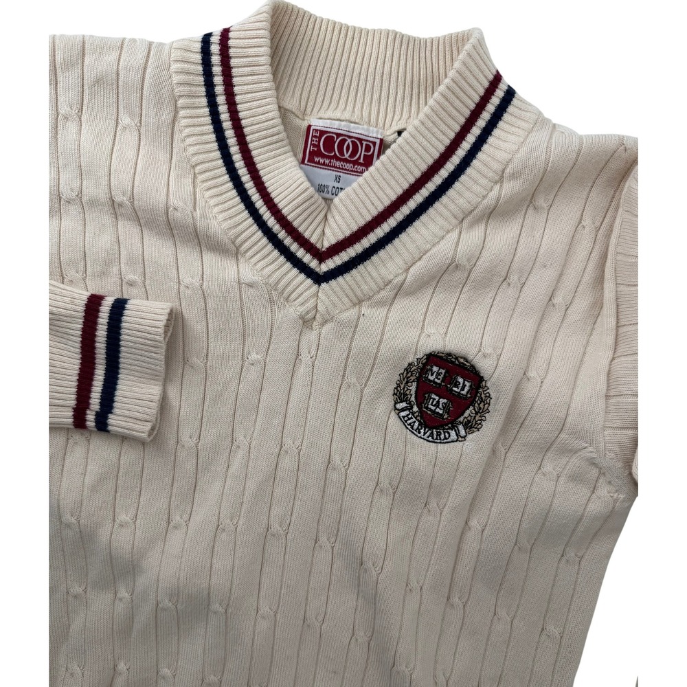 The Coop Harvard University Cable Knit V-Neck Sweater Cream Cotton XS